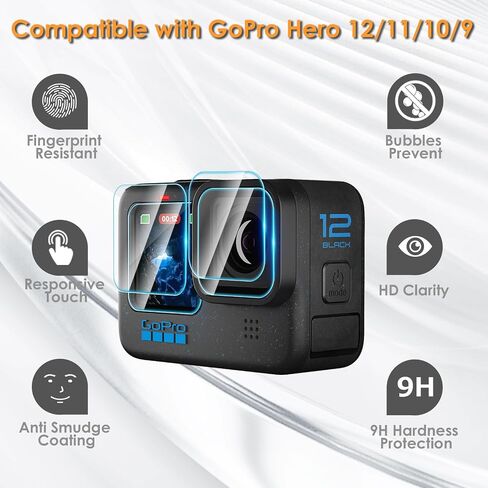6 قطع واقي شاشة متوافق مع GoPro Hero 12/11/10/9 أسود، [وضوح HD] [9 صلابة] [2+2+2 قطعة] واقي عدسة + بديل لطبقة الزجاج المقوى LCD لـ GoPro Hero 12 11 10 9 in Saudi Arabia