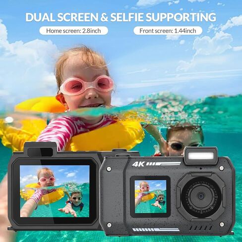 كاميرا 4K تحت الماء 33 قدم مقاومة للماء مع شاشات مزدوجة كاميرا سيلفي رقمية مدمجة بطارية 2500 مللي أمبير في الساعة 48 ميجابكسل ضبط تلقائي للصورة كاميرا رقمية مقاومة للماء للغطس مع بطاقة 32 جيجابايت، تكبير 18x، أسود in Kuwait