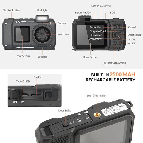 كاميرا 4K تحت الماء 33 قدم مقاومة للماء مع شاشات مزدوجة كاميرا سيلفي رقمية مدمجة بطارية 2500 مللي أمبير في الساعة 48 ميجابكسل ضبط تلقائي للصورة كاميرا رقمية مقاومة للماء للغطس مع بطاقة 32 جيجابايت، تكبير 18x، أسود in Kuwait