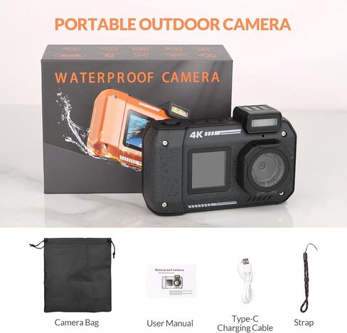 كاميرا 4K تحت الماء 33 قدم مقاومة للماء مع شاشات مزدوجة كاميرا سيلفي رقمية مدمجة بطارية 2500 مللي أمبير في الساعة 48 ميجابكسل ضبط تلقائي للصورة كاميرا رقمية مقاومة للماء للغطس مع بطاقة 32 جيجابايت، تكبير 18x، أسود in Kuwait