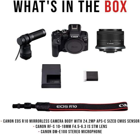 هيكل كاميرا Canon EOS R10 بدون مرآة مع حزمة مستشعر CMOS بحجم APS-C بدقة 24.2 ميجابكسل مع عدسة Canon RF-S مقاس 10-18 مم F4.5-6.3 IS STM وميكروفون ستيريو DM-E100 من Canon (3 عناصر) in Kuwait