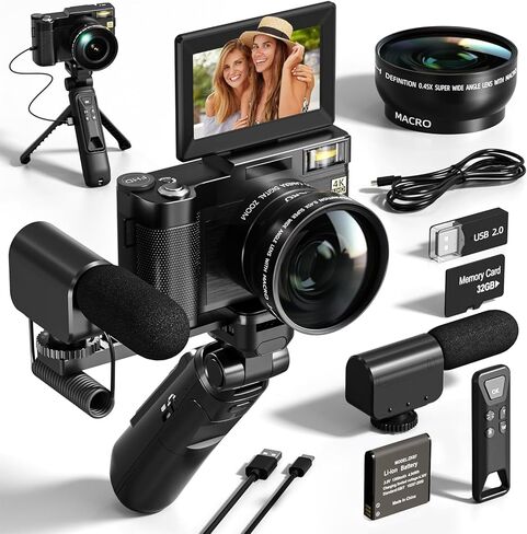 كاميرا رقمية بدقة 4K مع مجموعة ملحقات منشئة، وكاميرا فيديو/مدونات فيديو بدقة 48 ميجابكسل لمدوني الفيديو، وكاميرات شاشة قلابة للتركيز التلقائي للتصوير الفوتوغرافي، وقبضة حامل ثلاثي القوائم، وعدسة واسعة الزاوية وماكرو، وميكروفون، وبطاريات (V01) in Kuwait