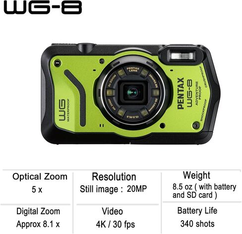PENTAX WG-8 Green all-weather adventure camera, featuring outstanding waterproof, dustproof, shock-resistant performance, multi-application ring light for macro photography and webcam function in Saudi Arabia