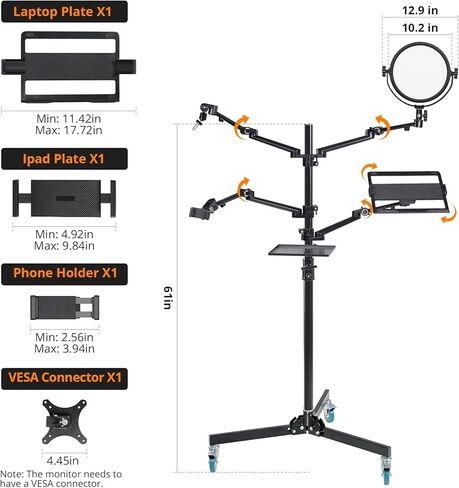GVM 5-in-1 Overhead Camera Mount with Ring Light, Mobile Webcam Stand Floor with Adjustable Mic Boom Arm, Laptop Tablet Phone Stands and Tray, Streaming Accessories for Podcast Video Recording Game in Saudi Arabia