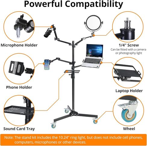 GVM 5-in-1 Overhead Camera Mount with Ring Light, Mobile Webcam Stand Floor with Adjustable Mic Boom Arm, Laptop Tablet Phone Stands and Tray, Streaming Accessories for Podcast Video Recording Game in Saudi Arabia