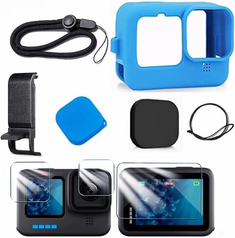 Silicone Case for GoPro Hero 12 11 10 9 Black Tempered Glass Screen Protector Protective Film Lens Cap Cover for Go Pro 12 case (Blue) in Saudi Arabia