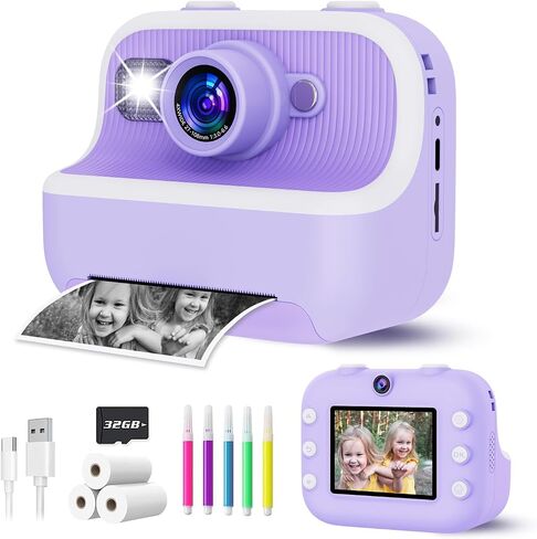 Instant Print Camera for Kids, Christmas Birthday Gifts for Girls Boys, HD Dual Digital Video Cameras for Kids, Portable Toy for 4 5 6 7 8 9 10 Year Old Girl with 3 Rolls Paper and 32GB SD Card-White in Saudi Arabia