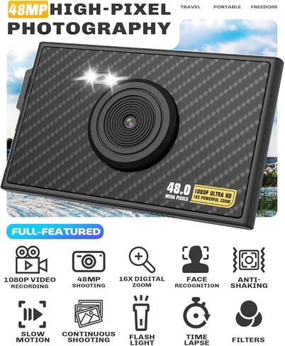 Digital Camera, FHD 1080P 48MP Ultra-Thin Point and Shoot Digital Cameras,16X Zoom, Flash, Anti Shake,Travel Portable Compact Camera for Kids Beginners Students Teens Juniors Boys Girls in Kuwait