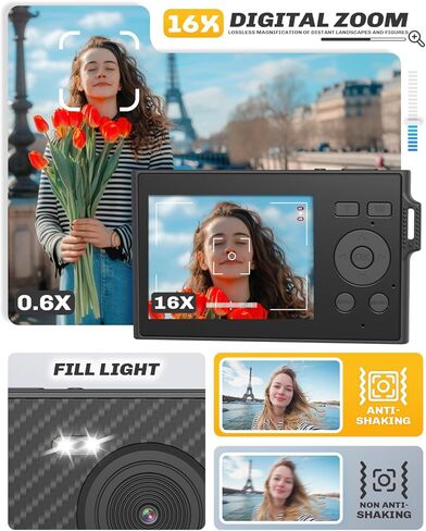 Digital Camera, FHD 1080P 48MP Ultra-Thin Point and Shoot Digital Cameras,16X Zoom, Flash, Anti Shake,Travel Portable Compact Camera for Kids Beginners Students Teens Juniors Boys Girls in Kuwait