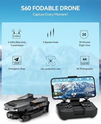 Drones with Camera for Adults 4K- S60 Foldable FPV RC Quadcopter with App Control - Obstacle Avoidance, Waypoint Fly, Altitude Hold, Roll Mode, Headless Mode, 2 Batteries in Saudi Arabia