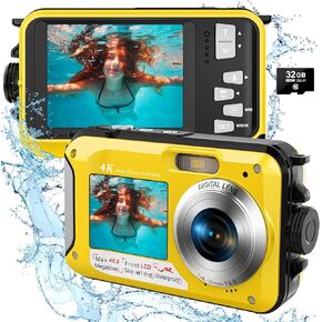 Waterproof Camera 4K 48MP 11FT Underwater Camera Autofocus Waterproof Digital Camera 16X Digital Zoom Selfie Dual Screens kids Underwater Camera for Snorkeling with 32GB Card in Kuwait
