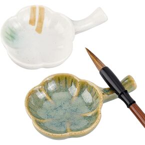 PH PandaHall 2pcs Ceramic Ink Plate Porcelain Ink Dish with Handle Chinese Calligraphy Painting Brush Holder Paint Pallets Flower Shape Multifunctional Bowl for Calligraphy Painting Japanese Prints in Kuwait