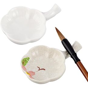 PH PandaHall Ceramics Ink Dish Porcelain Ink Plate with Handle Chinese Calligraphy Painting Brush Rest Holder Flower Shape Multifunctional Ink Dish for Calligraphy Sumi-e Painting Japanese Prints