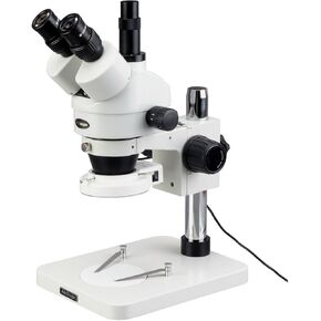 AmScope SM-1TSX-144S Professional Trinocular Stereo Zoom Microscope, WH10x Eyepieces, 3.5X-45X Magnification, 0.7X-4.5X Zoom Objective, 144-Bulb LED Ring Light, Pillar Stand, 110V-240V, Includes 0.5X Barlow Lens