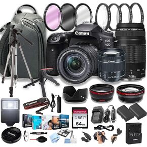 Canon EOS 90D DSLR Camera w/EF-S 18-55mm F/4-5.6 STM Zoom Lens + 75-300mm F/4-5.6 III Lens+ 64GB Memory Cards, Professional Photo Bundle (42pc Bundle) (Renewed)