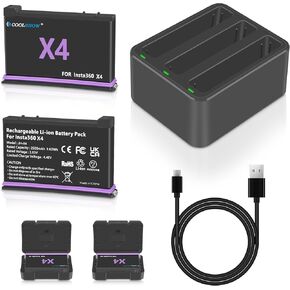 COOLSHOW Action Camera X4 Battery Replacement 2500mAh 2 Packs and Triple X4 Charger Fast Charger Kit Compatible with Insta360 X4 Camera