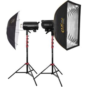 Flashpoint Studio Pro 600 III-V 600W R2 Flash 2-Light Kit with LED Lamp, Bundle with Stands, Softbox and Umbrella