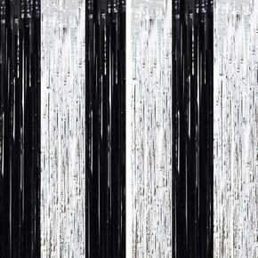 2 Pack Black Tinsel Foil Fringe Curtains, Black Party Decorations, Metallic Tinsel Party Streamers Backdrop for Birthday Halloween New Years Graduation Party Decorations