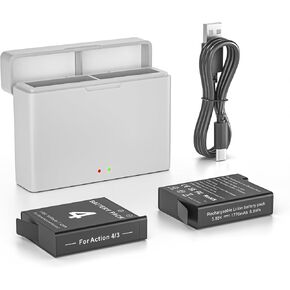 2 Pack Osmo Action 4 Action 3 Battery with 2-Channel Rapid Charger Fit for DJI Osmo Action 4,Action 3 Camera,1850mAh Osmo Action 4&3 Battery(Include Type-C Charging Cable)