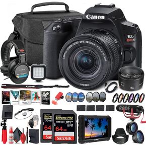 كاميرا Canon EOS Rebel SL3 DSLR مع عدسة 18-55 مم (أسود) (3453C002) + شاشة 4K + عدسة Canon EF 50 مم + ميكروفون + سماعات رأس Pro + 2 × بطاقة 64 جيجابايت + مجموعة مرشح الألوان + حقيبة + مجموعة مرشح + المزيد (متجددة)