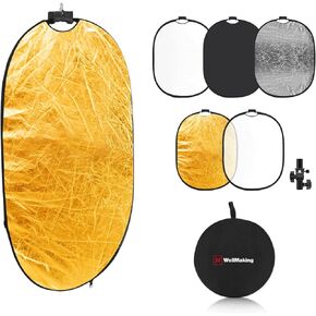 WELLMAKING 24'' x 36'' (60 x 90cm) Photography Reflector 5-in-1 Collapsible Light Reflector with Bag & tilt Adapter, Portable Light Reflector Photography Panel for Studio Video & Outdoor Lighting