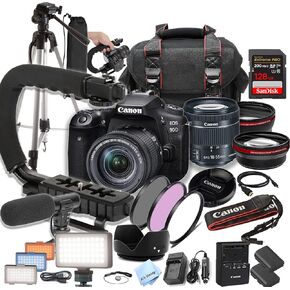 كاميرا Canon EOS 90D DSLR مع 18-55 مم STM + بطاقة سرعة فائقة 128 جيجابايت، مقبض U، ميكروفون، ضوء فيديو LED، بطارية احتياطية، مجموعة فلتر، المزيد (حزمة احترافية للغاية) (متجددة)، أسود