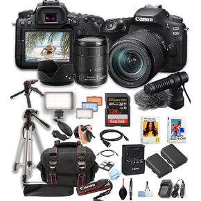Canon EOS 90D DSLR Camera w/EF-S 18-135mm f/3.5-5.6 is USM Lens Lens + 128GB Pro Speed Memory + Led Video Light + DME 100 Microphone +Case + Tripod + Software Pack-Video Bundle (Renewed), Black