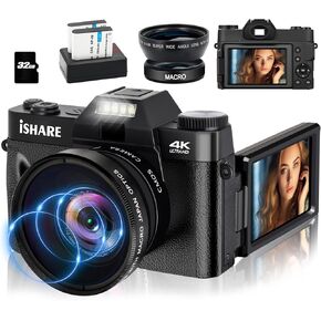 Digital Camera for Photography, 4K 56MP Vlogging Camera for YouTube with WiFi, 3-inch 180-degree Flip Screen, 16X Digital Zoom, 52mm Wide Angle & Macro Lens, 32GB TF Card and 2 Batteries