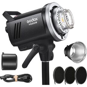 Godox MS300V 300Ws GN58 Compact Studio Strobe Flash Monolight with Bowens Mount Reflector & Grid Kit, Modeling Lamp 2.4G Wireless 5600K, 1.3s Recycle at Full Power (MS300 Upgraded Version 110 to 120V)