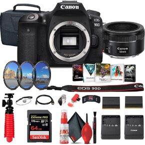 Canon EOS 90D DSLR Camera (Body Only) (3616C002) + Canon EF 50mm Lens + 64GB Card + Case + Filter Kit + Corel Photo Software + LPE6 Battery + Charger + Card Reader + More (Renewed)