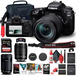 Canon EOS 90D DSLR Camera with 18-135mm Lens (3616C016), EF-S 55-250mm Lens, 64GB Memory Card, Case, Corel Photo Software, LPE6 Battery, External Charger, Card Reader + More (Renewed) Black