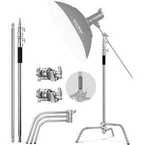 C Stand with Boom Arm - Max Height 10.5ft/320cm Photography Light Stand with 4.2ft/128cm Holding Arm, 2 Grip Head for Studio Monolight, Softbox, Reflector