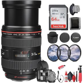 Canon EF 24-70mm f/2.8L USM Standard Zoom Lens SLR Cameras (8014A002) + 64GB Memory Card + Filter Kit + BackPack + Card Reader + Flex Tripod + Memory Wallet + Cap Keeper + More (Renewed)