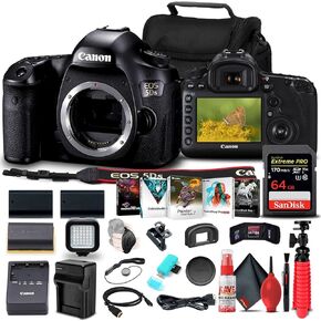 Canon EOS 5DS DSLR Camera (Body Only) (0581C002) + 64GB Memory Card + 2 x LPE6 Battery + Charger + Card Reader + LED Light + Corel Photo Software + Case + Flex Tripod + HDMI Cable + More (Renewed)