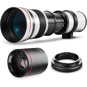 High-Power 420-1600mm f/8.3 HD Manual Telephoto Zoom Lens for Canon EOS 80D, EOS 90D, Rebel T3, T3i, T5, T5i, T6i, T6s, T7, T7I, T8I, SL3, EOS 70D, EOS 5D, EOS5D IV, EOS 6D II, EOS 7D II Cameras WHITE