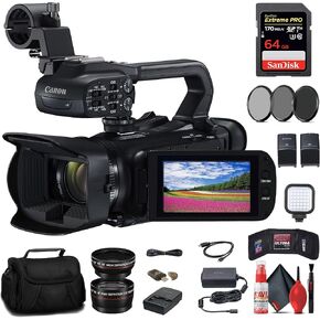 Canon XA65 Professional UHD 4K Camcorder (5732C002) + 64GB Card + BP828 Battery + BP820 Charger + Filter Kit + Bag + LED Light + Wide Angle Lens + Telephoto Lens + Card Reader + More (Renewed)