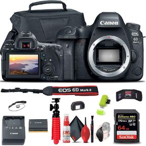 Canon EOS 6D Mark II DSLR Camera (Body Only) (1897C002), 64GB Memory Card, Case, Card Reader, Flex Tripod, Hand Strap, Cap Keeper, Memory Wallet, Cleaning Kit (Renewed)