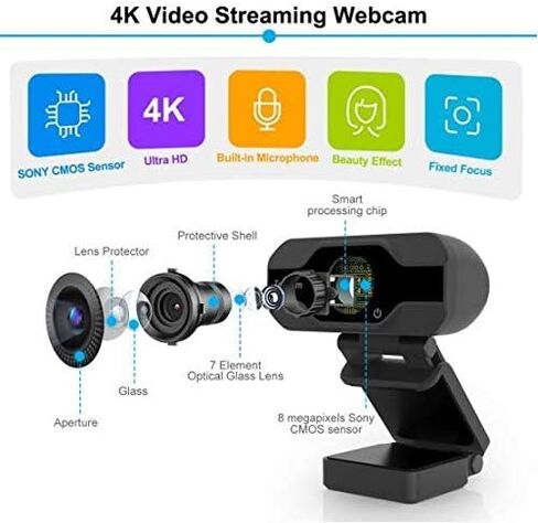 كاميرا ويب HD Pro، TedGem 8MP تركيز ثابت 4K/1080P كاميرا ويب عالية الدقة بالكامل USB كاميرا ويب للكمبيوتر المحمول وكاميرا ويب للبث المباشر وميكروفون مدمج وكاميرا ويب فيديو عالية الدقة، مشبك مرن قابل للتدوير [نسخة مطورة]... in Kuwait
