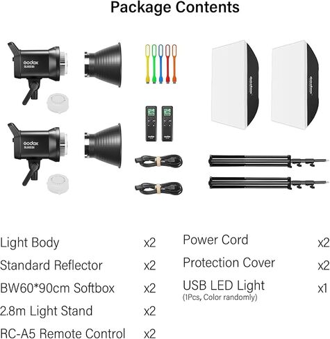 Godox 2 Pack SL-60II bi 120W CRI95+ Bi-Color Continuous Output Lighting LED Video Light Bowens Mount Kit for YouTube, Video, Studio, Children Photography, Wedding Shooting with Softbox, Light Stand in Saudi Arabia