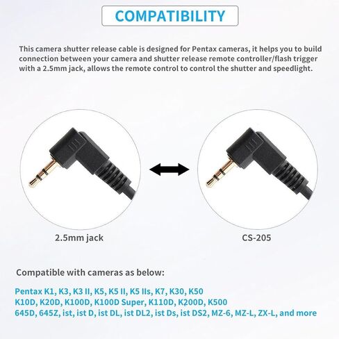 2.5mm to K1 Camera Shutter Release Cable Remote Control Cord Speedlight Flash Trigger Connect PC Sync Spring Coiled Wire Cord for PENTAX 645Z 645D K1 K3 K5 K5 II K30 K50 K500 K7 in Saudi Arabia