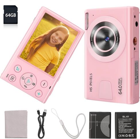 Digital Camera,W/ 64GB Card & 2 Pack Battery,4K/1080p FHD Pink Digital Kids Camera,Campact Small 64MP Digital Point and Shoot Cameras with 18X Zoom,Anti-shake,Autofoucs,Best Tech Gifts for Teens Girls in Saudi Arabia