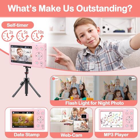 Digital Camera,W/ 64GB Card & 2 Pack Battery,4K/1080p FHD Pink Digital Kids Camera,Campact Small 64MP Digital Point and Shoot Cameras with 18X Zoom,Anti-shake,Autofoucs,Best Tech Gifts for Teens Girls in Saudi Arabia