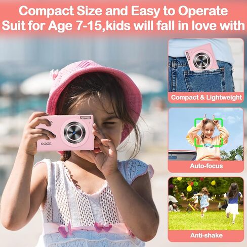 Digital Camera,W/ 64GB Card & 2 Pack Battery,4K/1080p FHD Pink Digital Kids Camera,Campact Small 64MP Digital Point and Shoot Cameras with 18X Zoom,Anti-shake,Autofoucs,Best Tech Gifts for Teens Girls in Saudi Arabia