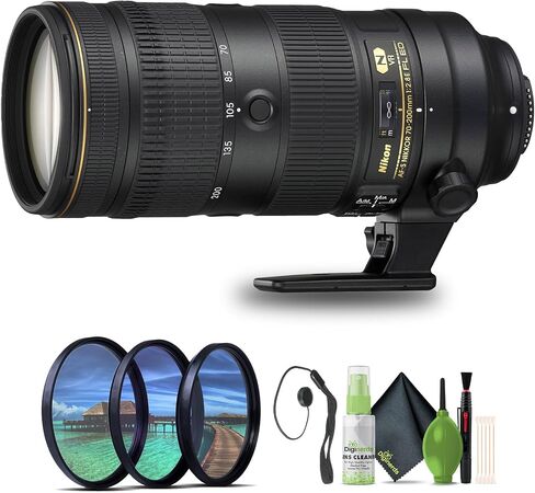 نيكون - عدسة تكبير AF-S NIKKOR مقاس 70-200 مم f/2.8E FL ED VR لكاميرات DSLR (20063) + مجموعة مرشح + حافظة غطاء + مجموعة تنظيف in Saudi Arabia