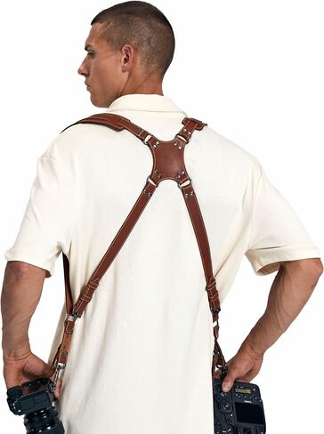 Padwa Lifestyle White Dual Camera Harness for Two Cameras - Wide Strap with Thick Shoulder Padded,Full Grain Leather Double Harness,Multi Camera Gear for DSLR Strap for Photographers in Saudi Arabia