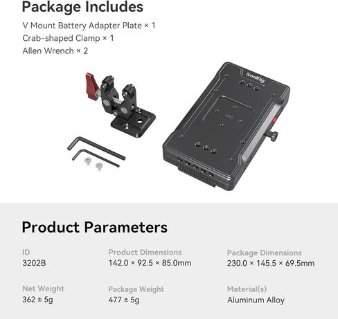 لوحة محول بطارية SmallRig V Mount مع شاحن سريع PD 65W USB-C، بروتوكول QC USB-A، D-TAP، منفذ تيار مستمر 8 فولت و12 فولت، مشبك فائق على شكل سرطان البحر ومؤشر ضوئي، للكاميرات والشاشات والهواتف - 3202B in Kuwait