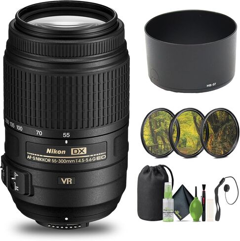 نيكون - عدسة AF-S DX NIKKOR مقاس 55-300 مم f/4.5-5.6G ED VR عدسة تكبير تليفوتوغرافي (2197) + مجموعة مرشح + حافظة غطاء + مجموعة تنظيف in Saudi Arabia