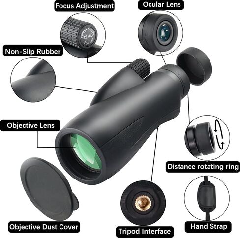 Monocular Telescope, 12X60 Monoculars for Adults High Powered with Smartphone Adapter & Tripod, BAK-4 Prism & FMC Lens Suitable for Bird Watching, Hiking, Travel, Wildlife in Saudi Arabia