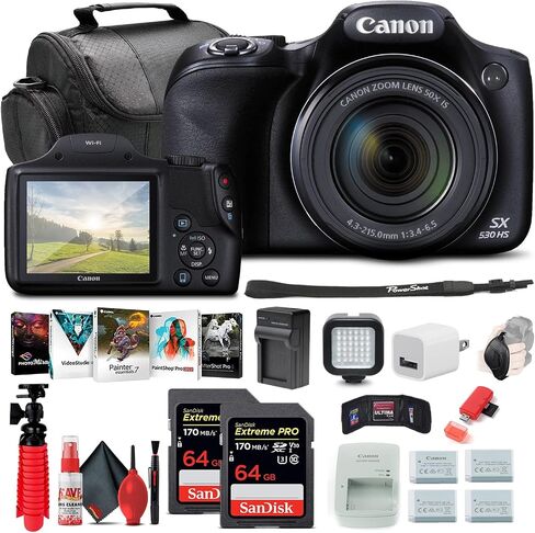 كاميرا Canon PowerShot SX530 HS الرقمية (9779B001) + 2 بطاقة ذاكرة سعة 64 جيجابايت + 3 بطاريات NB-6L + برنامج Corel للصور + شاحن + قارئ بطاقات + ضوء LED + حقيبة ناعمة + حامل ثلاثي القوائم مرن + المزيد (متجدد) in Saudi Arabia