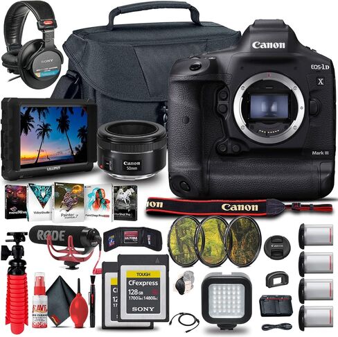 Canon EOS-1D X Mark III DSLR Camera (Body Only) (3829C002) + 4K Monitor + Canon EF 50mm Lens + 2 x 128GB CFexpress Card + Pro Mic + Pro Headphones + 3 x LP-E19 Battery + Case + More (Renewed) in Saudi Arabia